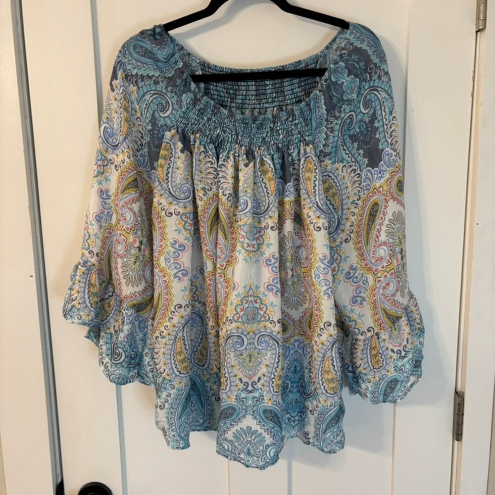 Boho Smocked Square Neck Paisley Oversized Fit Top Blue Yellow Bell Sleeve XL